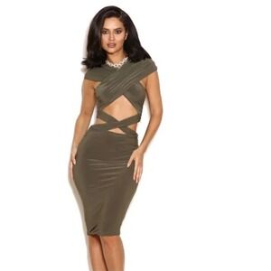 House of CB Lisandra Wrap Effect Cutout Ruched Bodycon Midi Dress Olive Green S